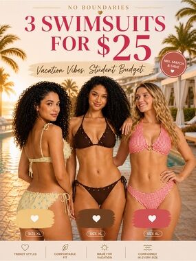 🏖️NWT Bundle 3 Sets Bikinis Size XL Floral, Brown, Gingham Lot No Boundaries👙☀️